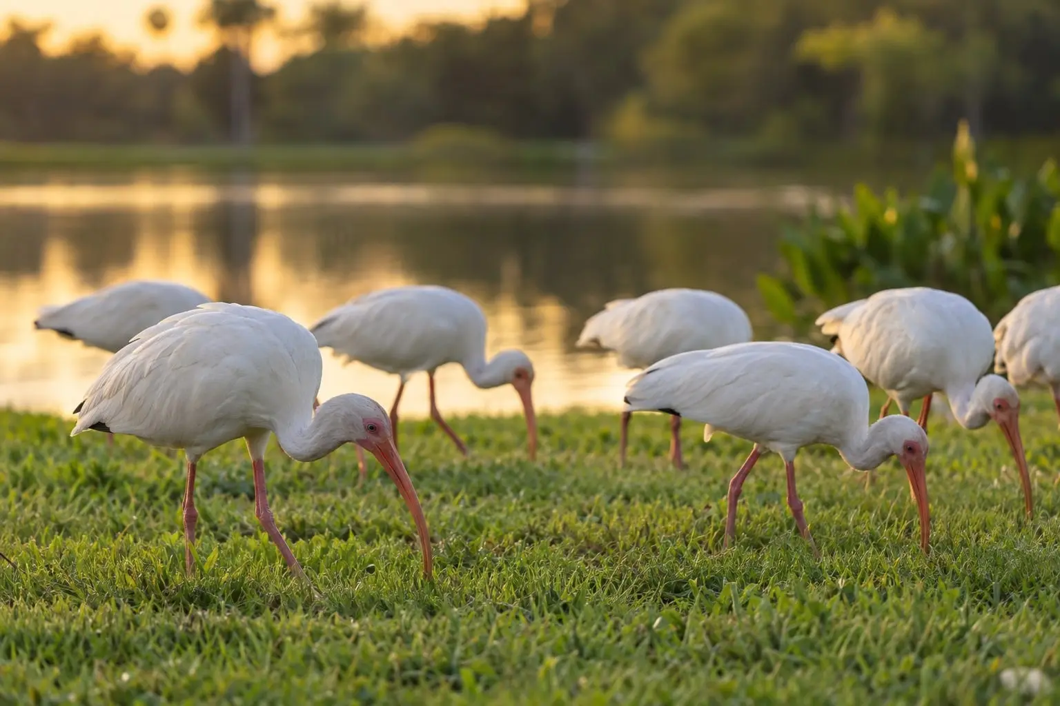White ibis with orange curved bills feeding on a green lawn beside a lake in warm evening light