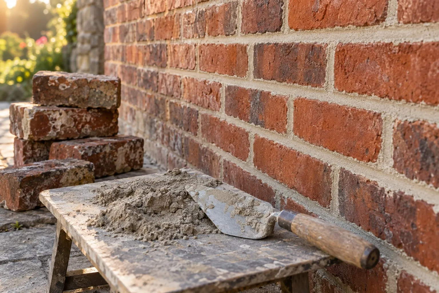 A pointing trowel on a mortar board beside a wall of freshly repointed red brick