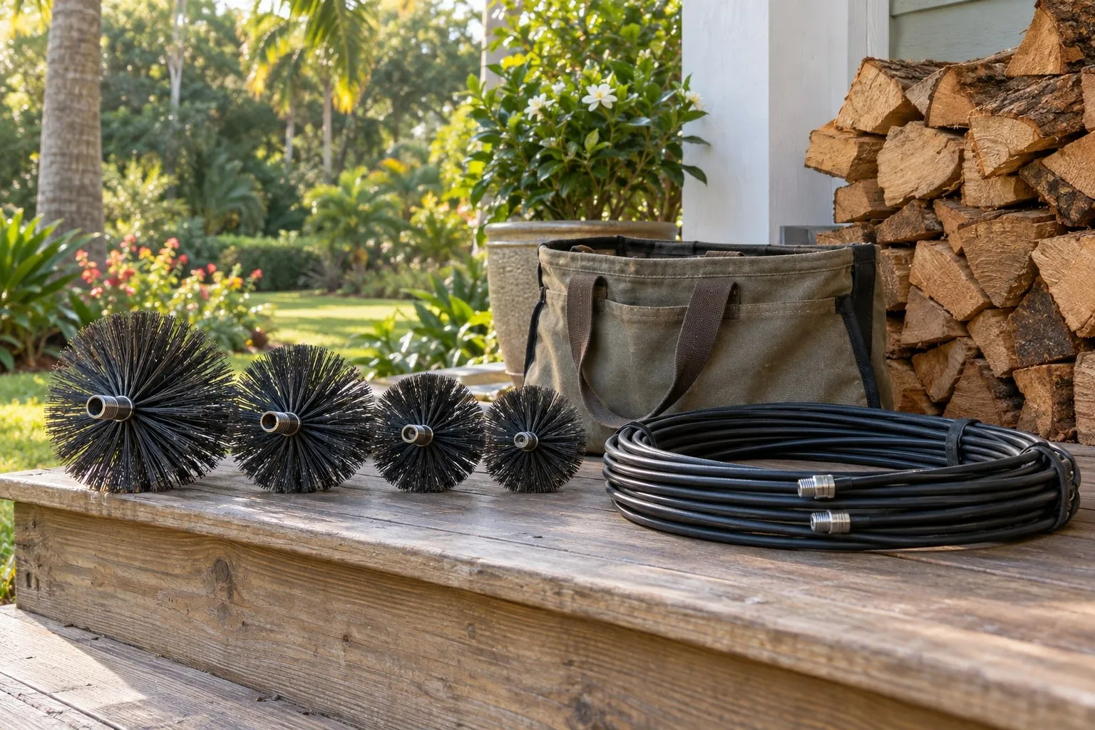 Round chimney brushes of four sizes and a coil of black rod laid on a wooden step beside a stack of firewood